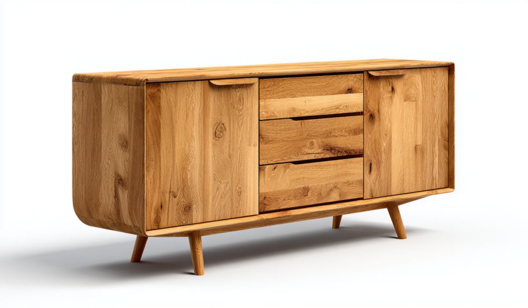 Buffet en bois, 2 portes et 3 tiroirs, corps arrondi avec pieds évasés en bois