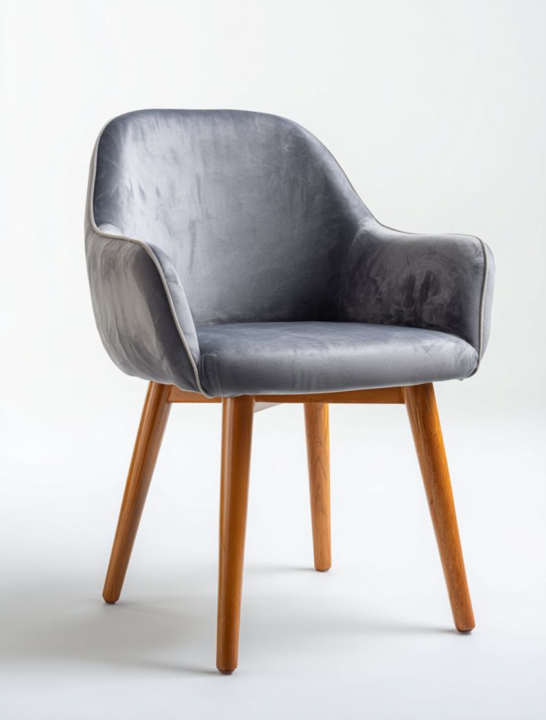 Chaise de salle à manger en velours gris avec dossier et accoudoirs arrondis, pieds en bois