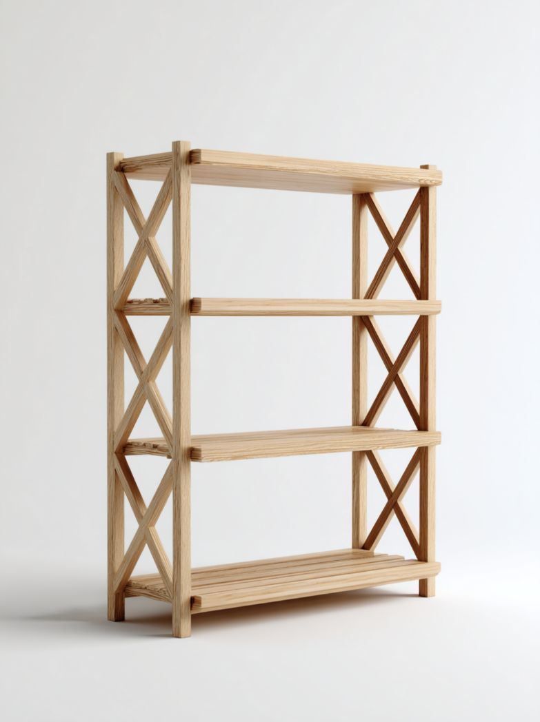 Étagère en bois naturel à quatre niveaux avec côtés croisés