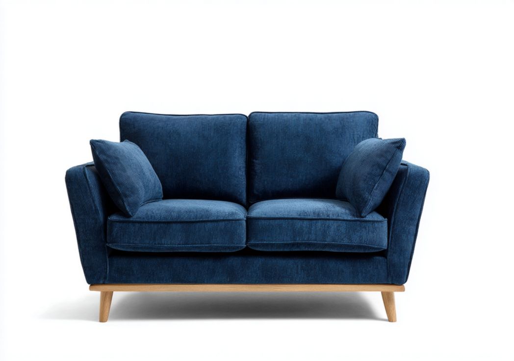Canapé 2 places en tissu bleu avec base en bois et coussins