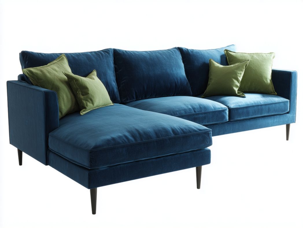 Canapé d’angle en velours bleu avec méridienne gauche et quatre coussins verts