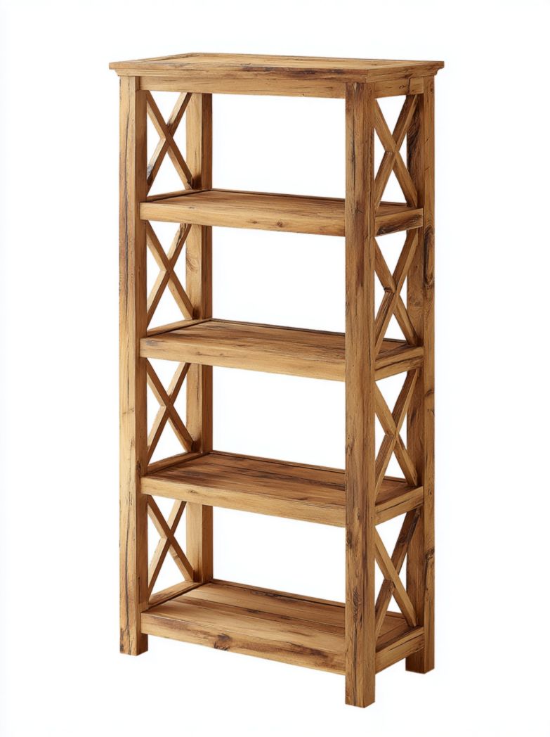 Étagère en bois à quatre niveaux couleur bois ancien avec côtés croisés