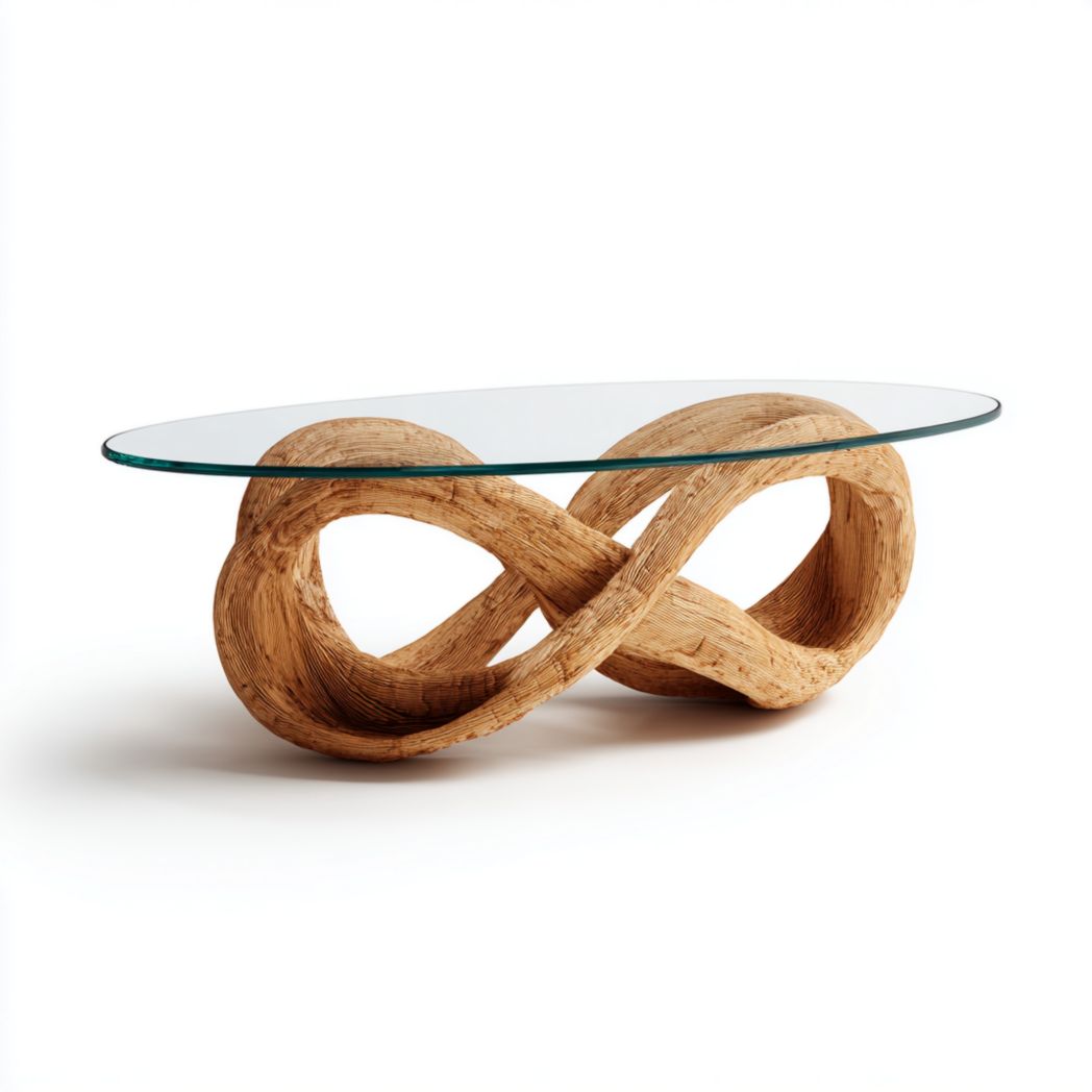 Table basse ovale en verre et base tressée en rotin