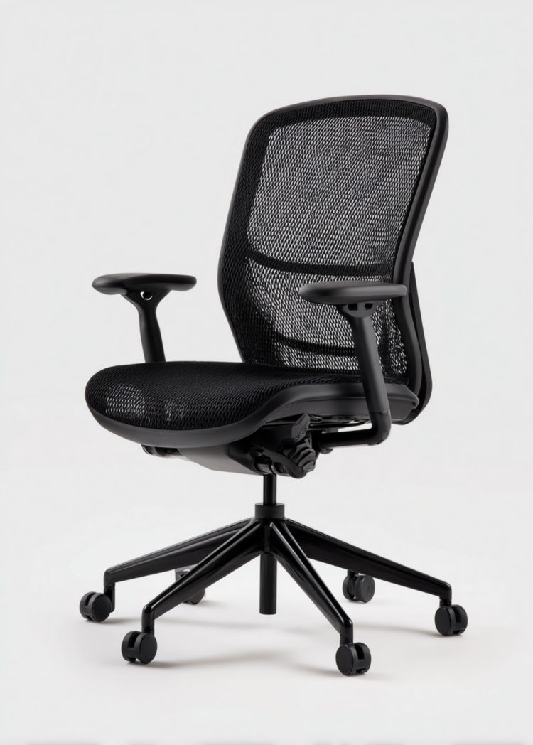 Chaise de bureau en maille noire, accoudoirs en plastique, base à cinq branches avec roulettes