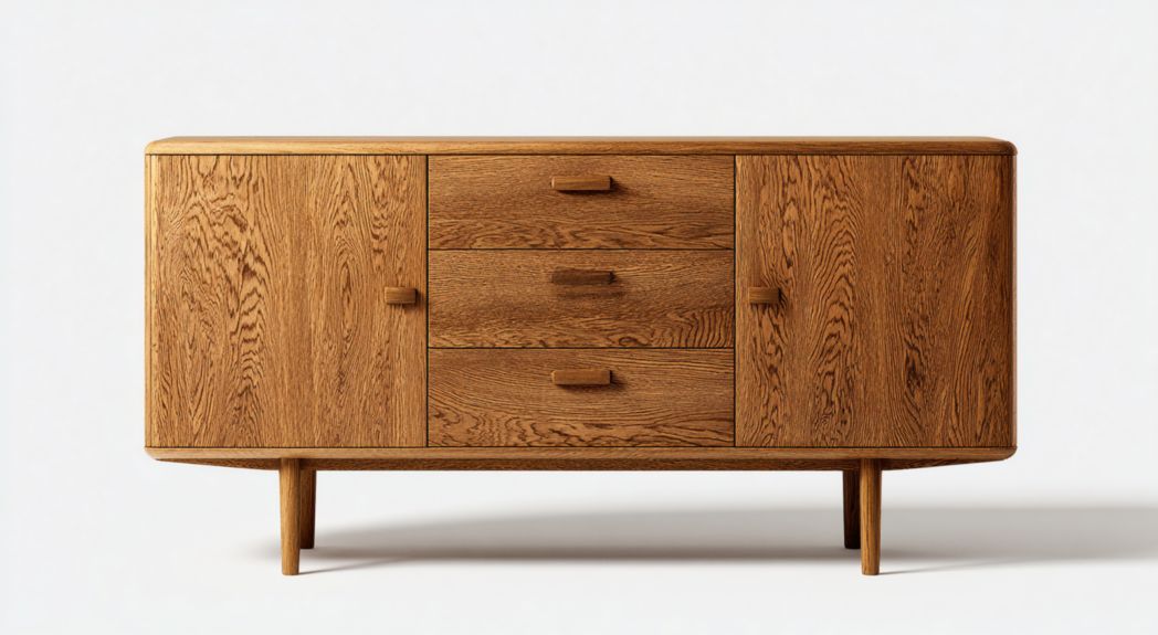 Buffet en bois foncé, 2 portes et 3 tiroirs, corps arrondi et pieds droits