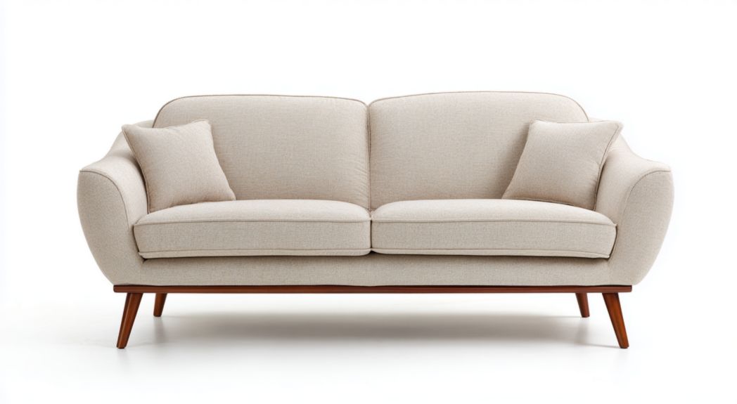 Canapé 2 places en tissu beige clair avec accoudoirs arrondis, pieds en bois et coussins