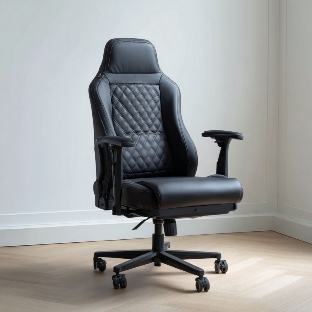 Chaise de bureau en cuir synthétique noir, dossier haut matelassé à motifs losanges, avec accoudoirs et base à cinq branches