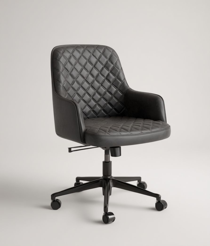 Chaise de bureau en cuir noir à motif capitonné, assise ronde, base à cinq branches avec roulettes