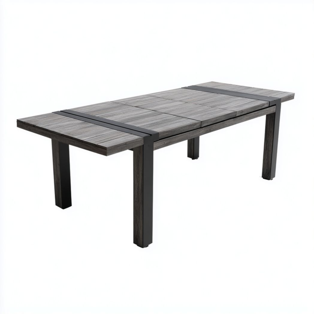 Table rectangulaire plateau effet bois gris pieds métal noir