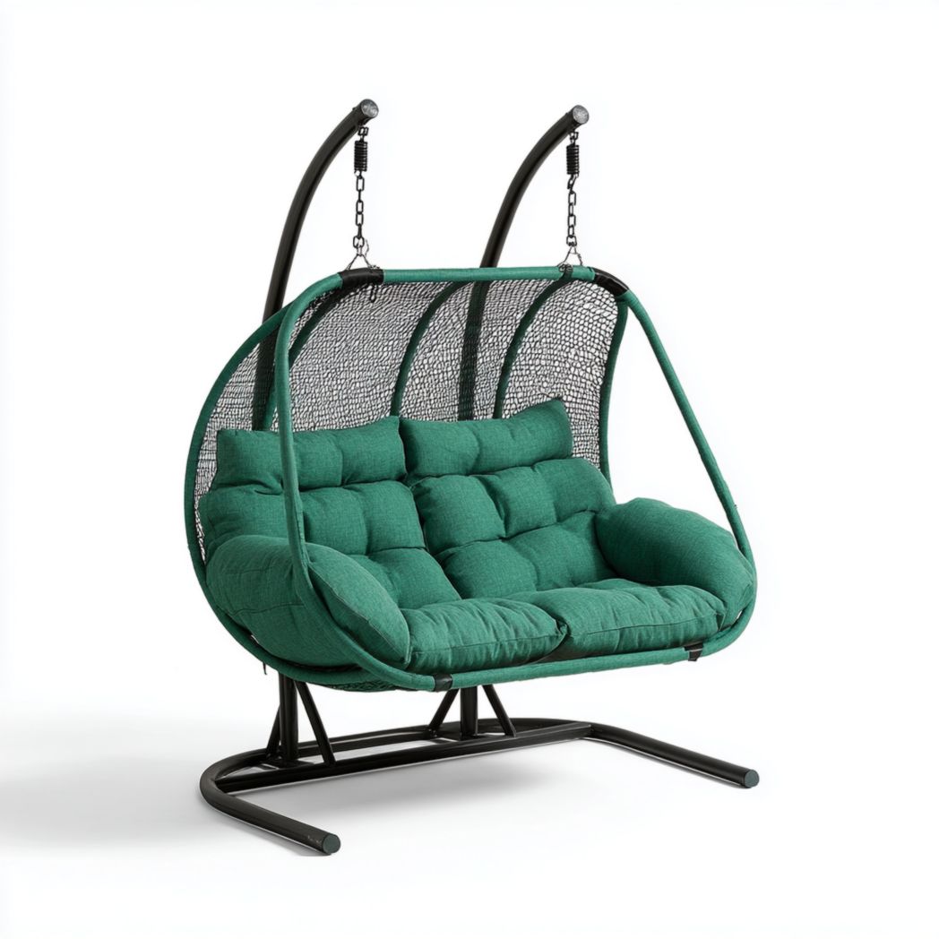 Fauteuil suspendu double en métal noir avec coussins verts