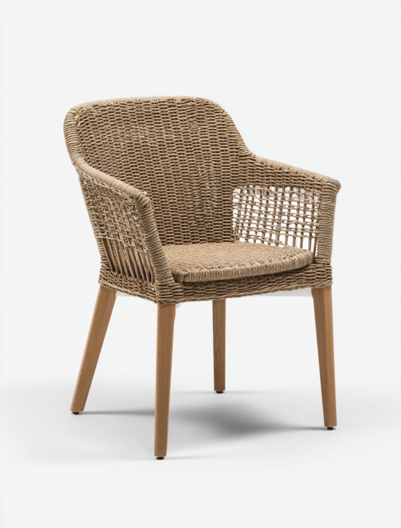 Chaise de jardin en résine tressée beige avec accoudoirs et pieds aspect bois