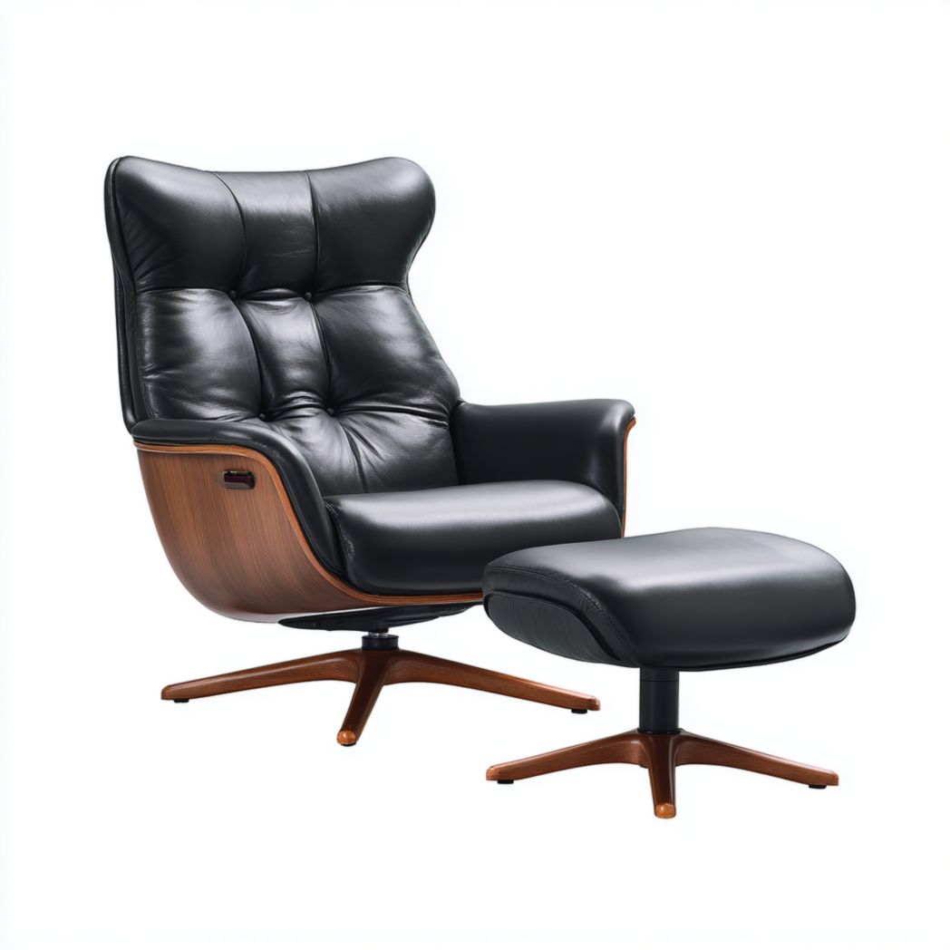 Fauteuil pivotant en cuir noir avec repose-pieds
