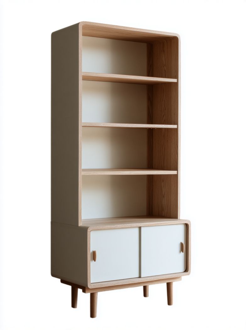 Bibliothèque rectangulaire à quatre étagères ouvertes et armoire basse à deux portes blanc et bois