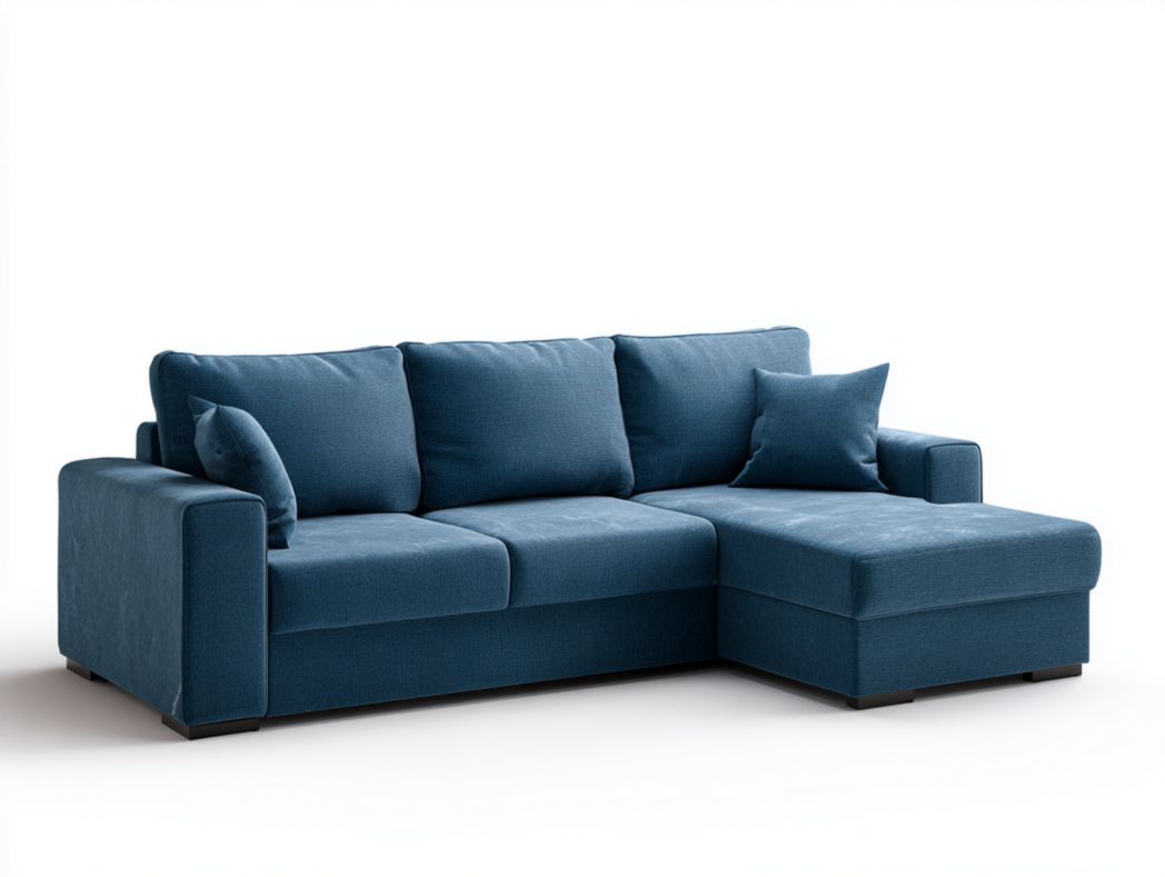 Canapé d’angle en tissu bleu foncé avec méridienne et coussins