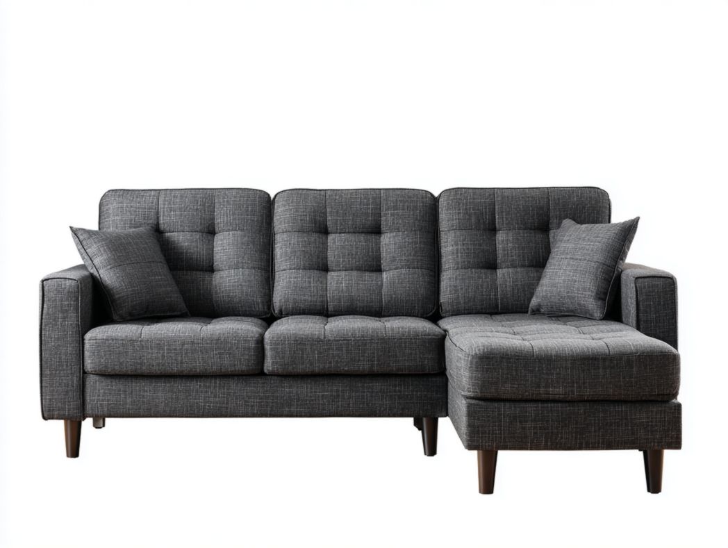 Canapé d’angle tissu gris foncé 3 dossiers 2 coussins