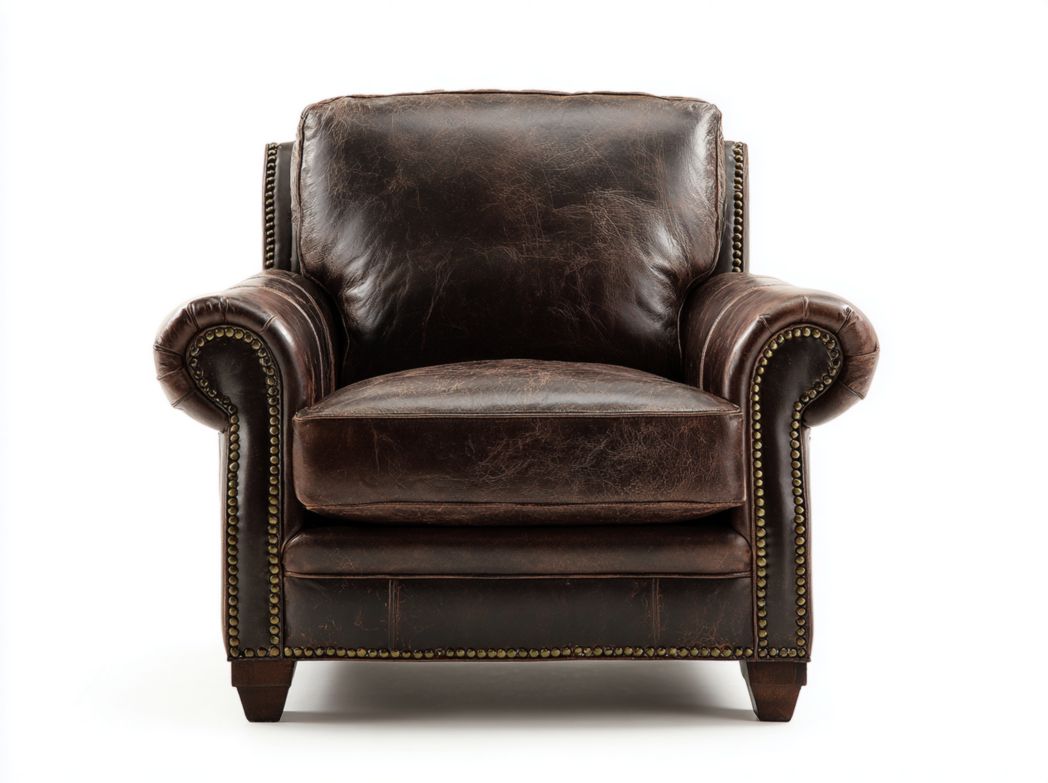 Fauteuil en cuir brun avec clous décoratifs et pieds en bois