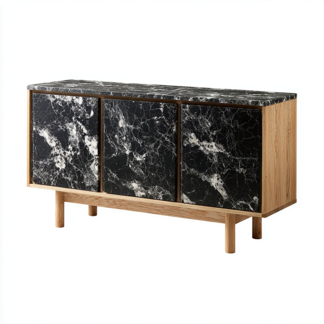 Buffet à cadre en bois, 3 portes en façade marbrée noire et blanche, meuble rectangulaire avec pieds cylindriques