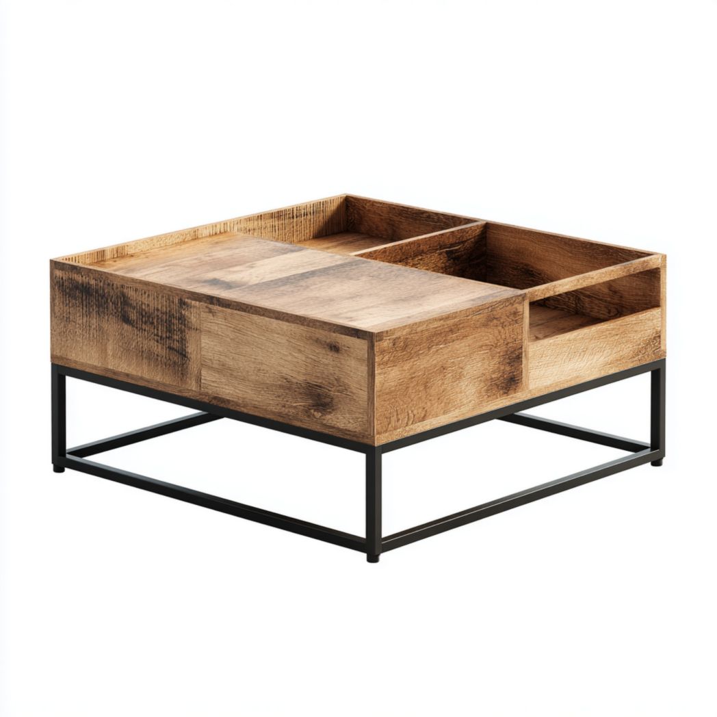 Table basse carrée en bois avec compartiments et base en métal
