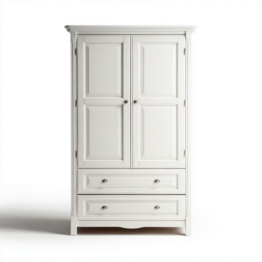 Armoire en bois blanc à deux portes et deux tiroirs structure rectangulaire