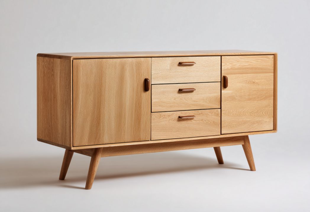 Buffet en bois clair, 2 portes et 3 tiroirs, corps arrondi et pieds inclinés