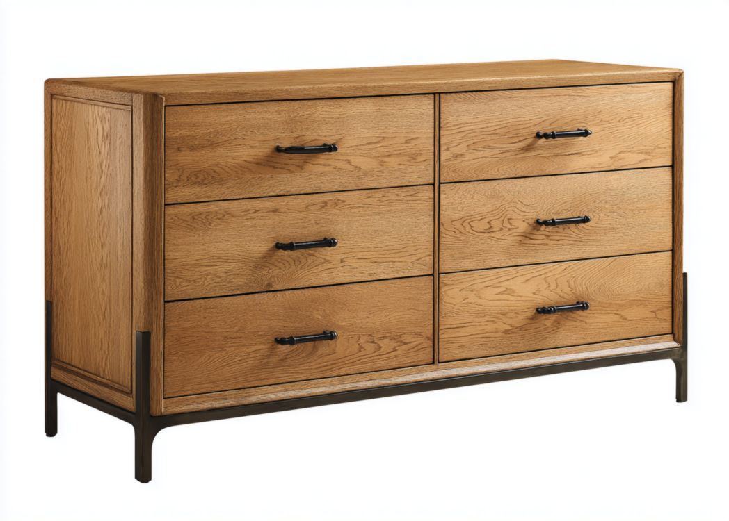 Commode en bois chêne avec six tiroirs et poignées métalliques noires