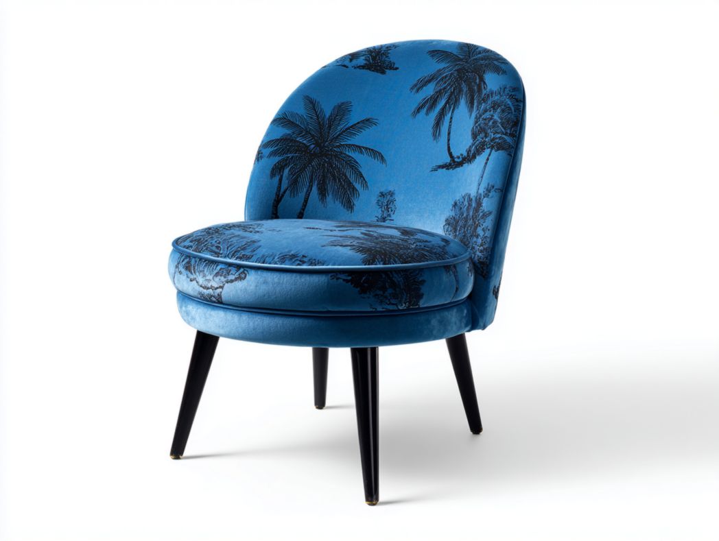 Fauteuil en tissu bleu imprimé palmiers avec pieds en bois noir