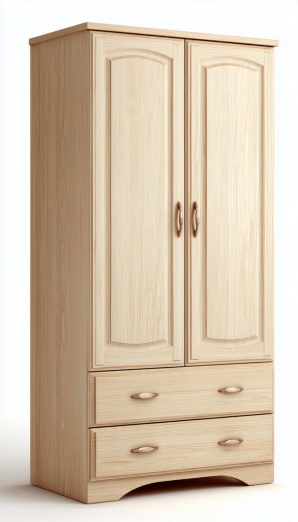 Armoire en bois clair à deux portes et deux tiroirs structure rectangulaire