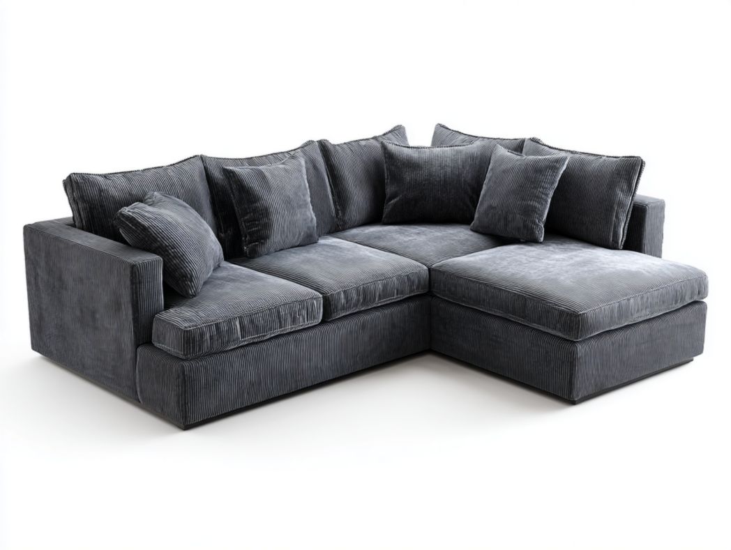 Canapé d’angle en velours côtelé gris foncé 5 dossiers 4 coussins