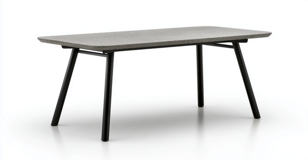 Table de jardin rectangulaire avec plateau en pierre grise et pieds métalliques noirs inclinés