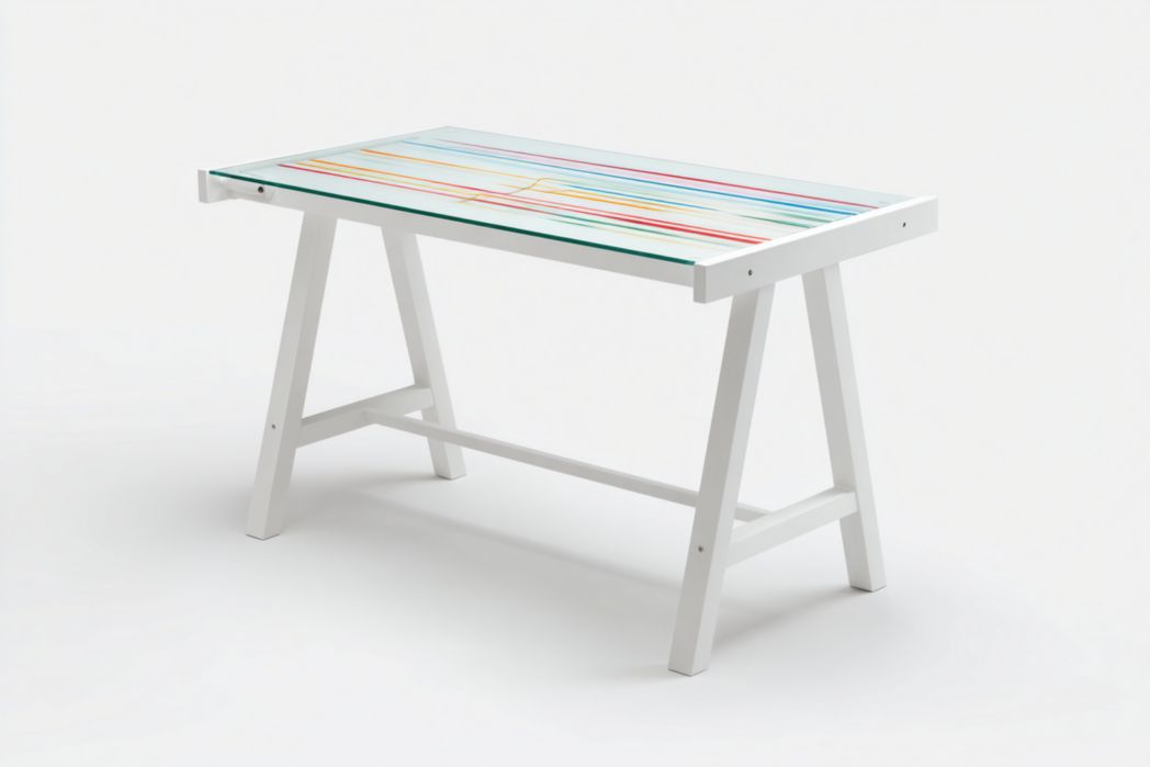 Bureau avec structure blanche, plateau rectangulaire en verre trempé, décor à rayures multicolores, sans tiroirs ni compartiments