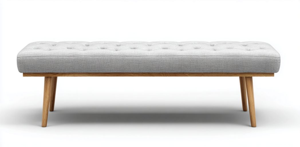 Banc rectangulaire en bois avec assise capitonnée en tissu gris clair