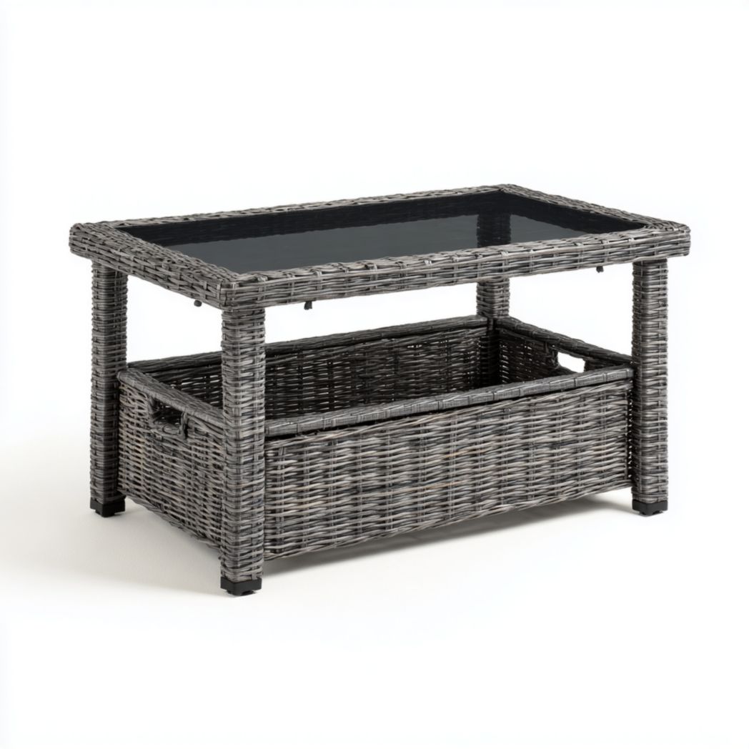 Table basse rectangulaire en rotin gris avec plateau en verre