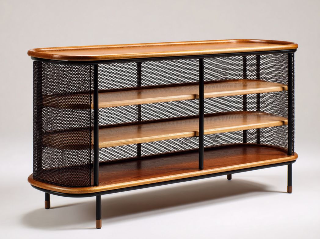 Buffet à structure métallique et bois, 4 étagères ouvertes, corps arrondi avec panneaux grillagés