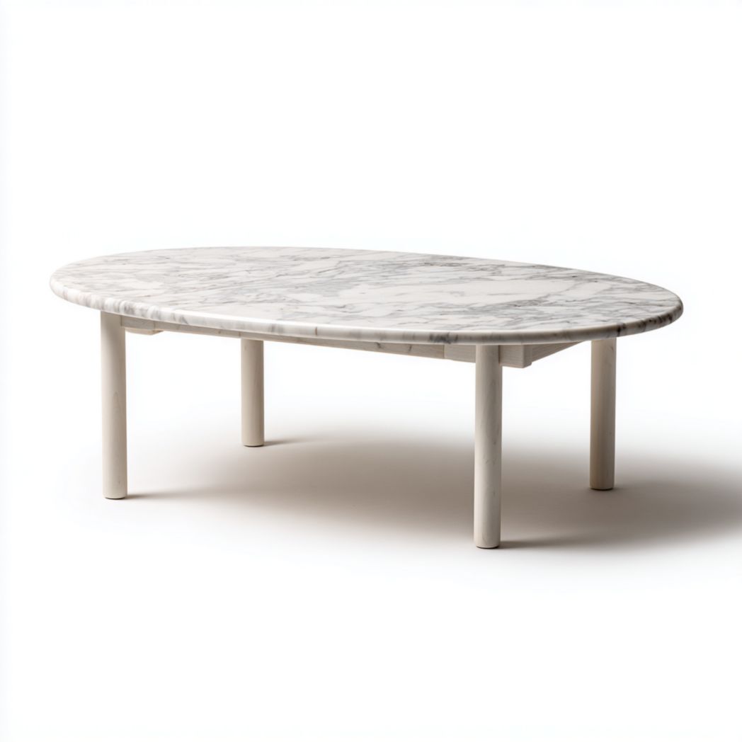Table basse ovale plateau marbre blanc pieds cylindriques