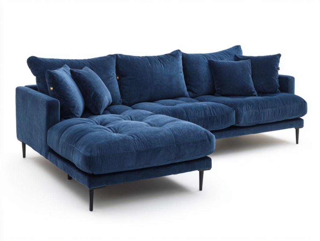 Canapé d’angle velours bleu 3 dossiers 4 coussins