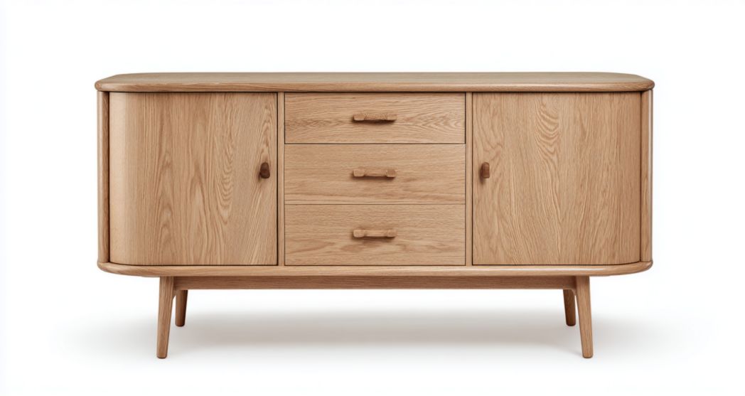 Buffet en bois clair, 2 portes et 3 tiroirs, corps arrondi avec pieds coniques en bois