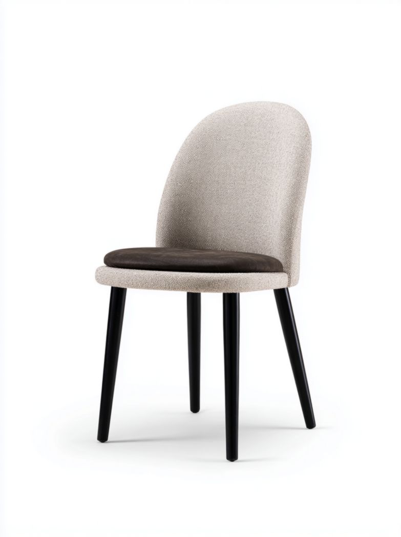 Chaise en tissu beige avec assise marron foncé et pieds en métal noir