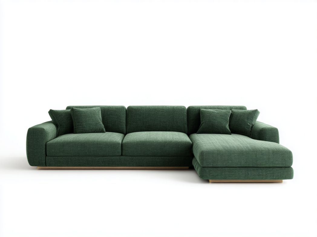 Canapé d’angle en tissu vert foncé avec méridienne et quatre coussins