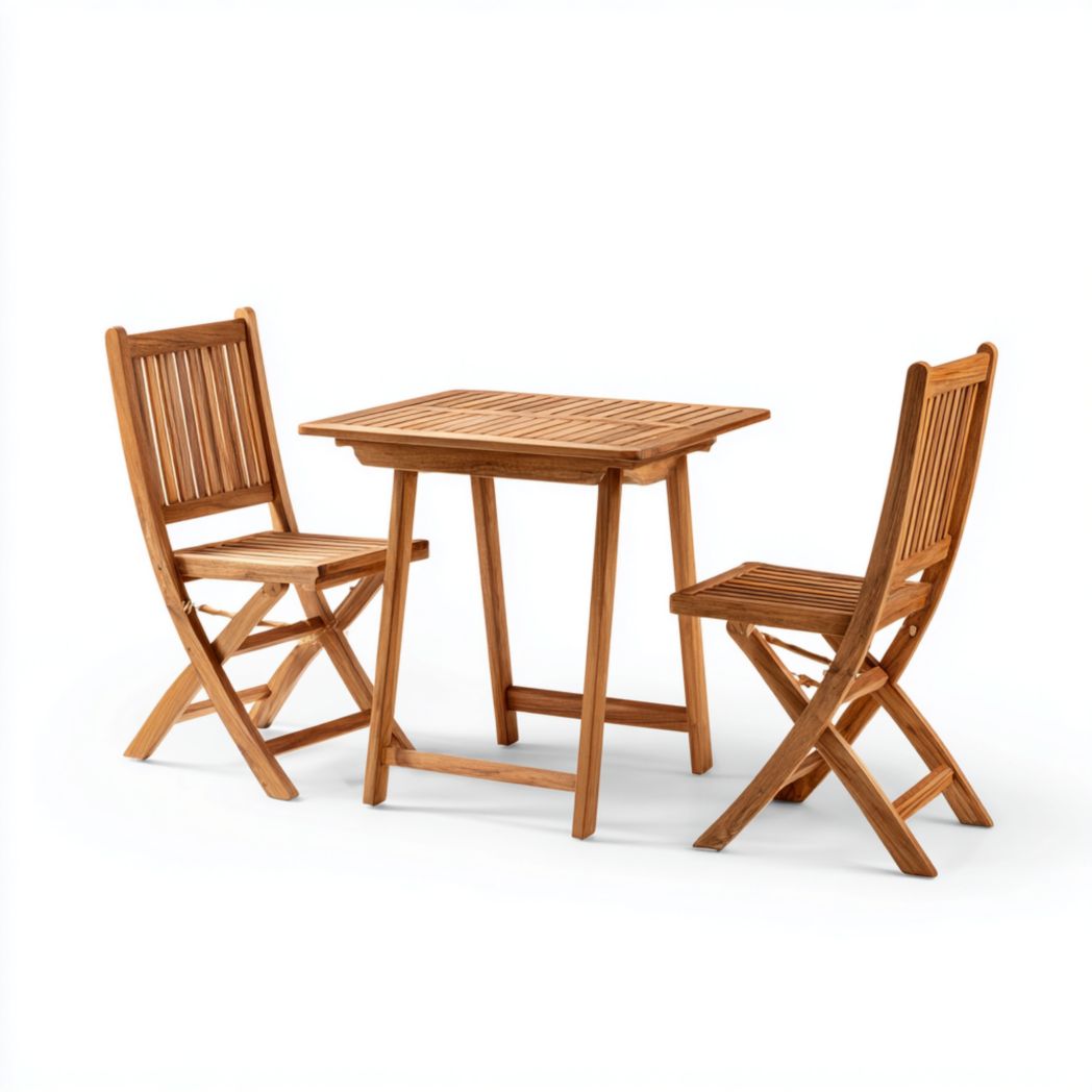 Ensemble pliant en teck naturel avec table carrée et deux chaises