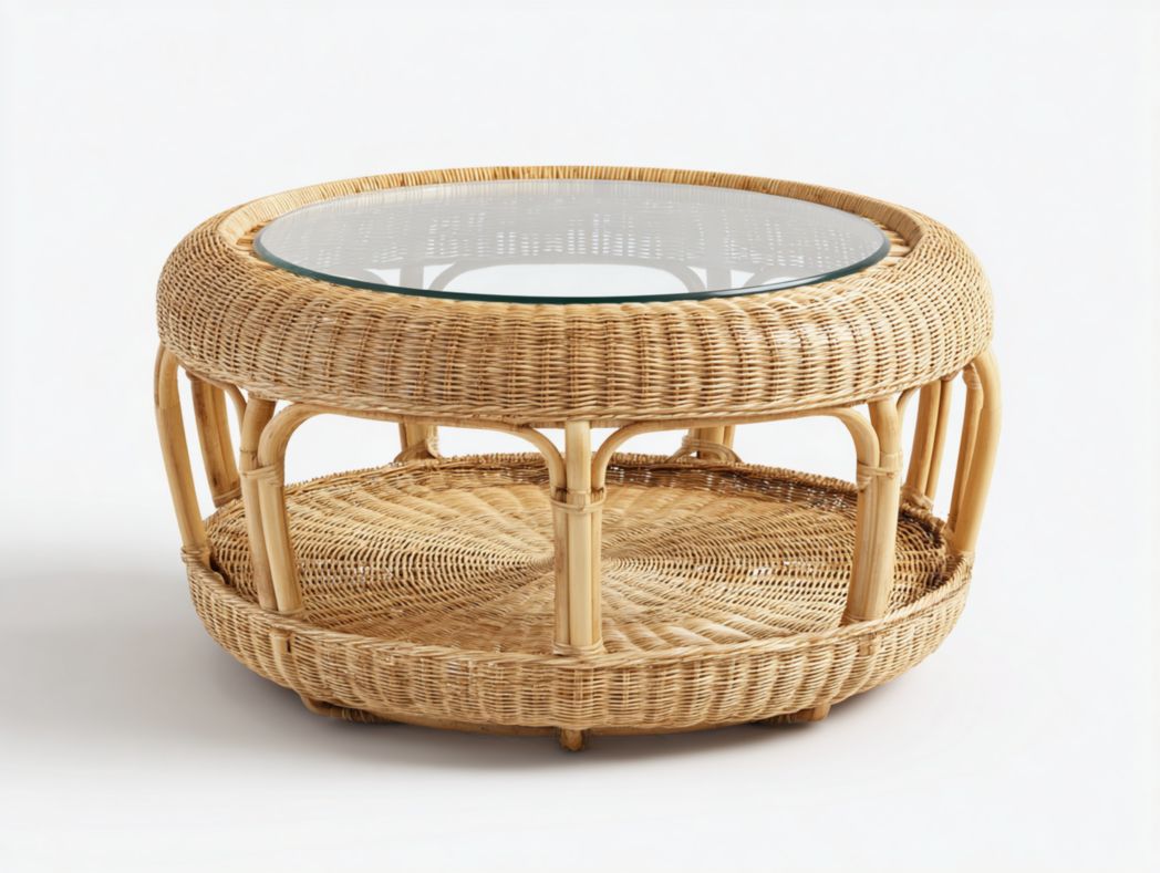 Table basse ronde en rotin naturel avec plateau en verre