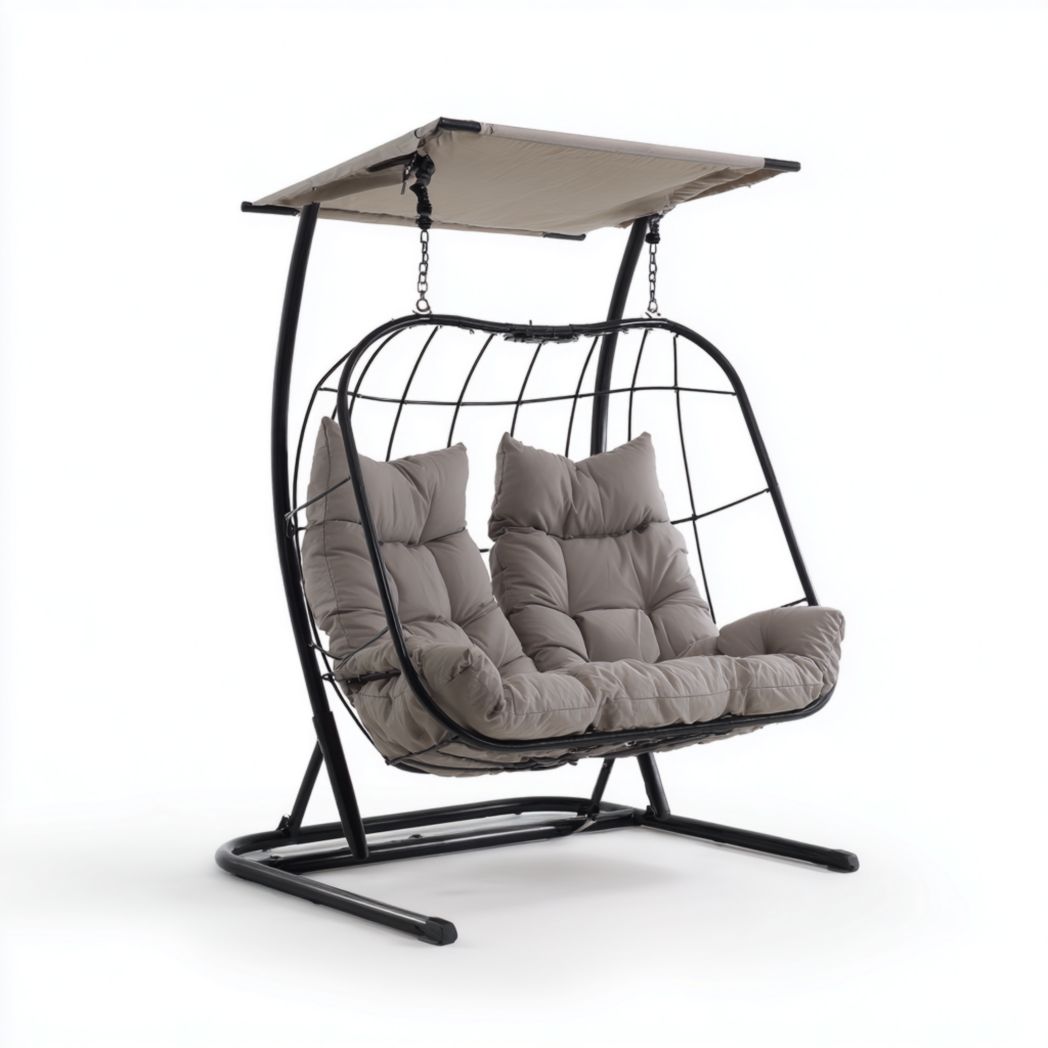 Fauteuil suspendu double en métal noir avec coussins gris et auvent