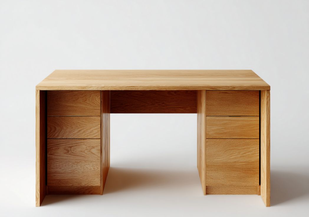 Bureau en bois couleur naturelle, plateau rectangulaire, six tiroirs symétriques