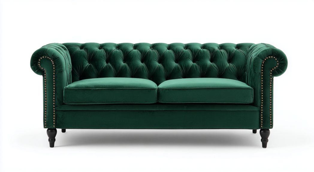 Canapé 2 places en velours vert avec dossier capitonné, accoudoirs roulés et pieds en bois, sans coussins