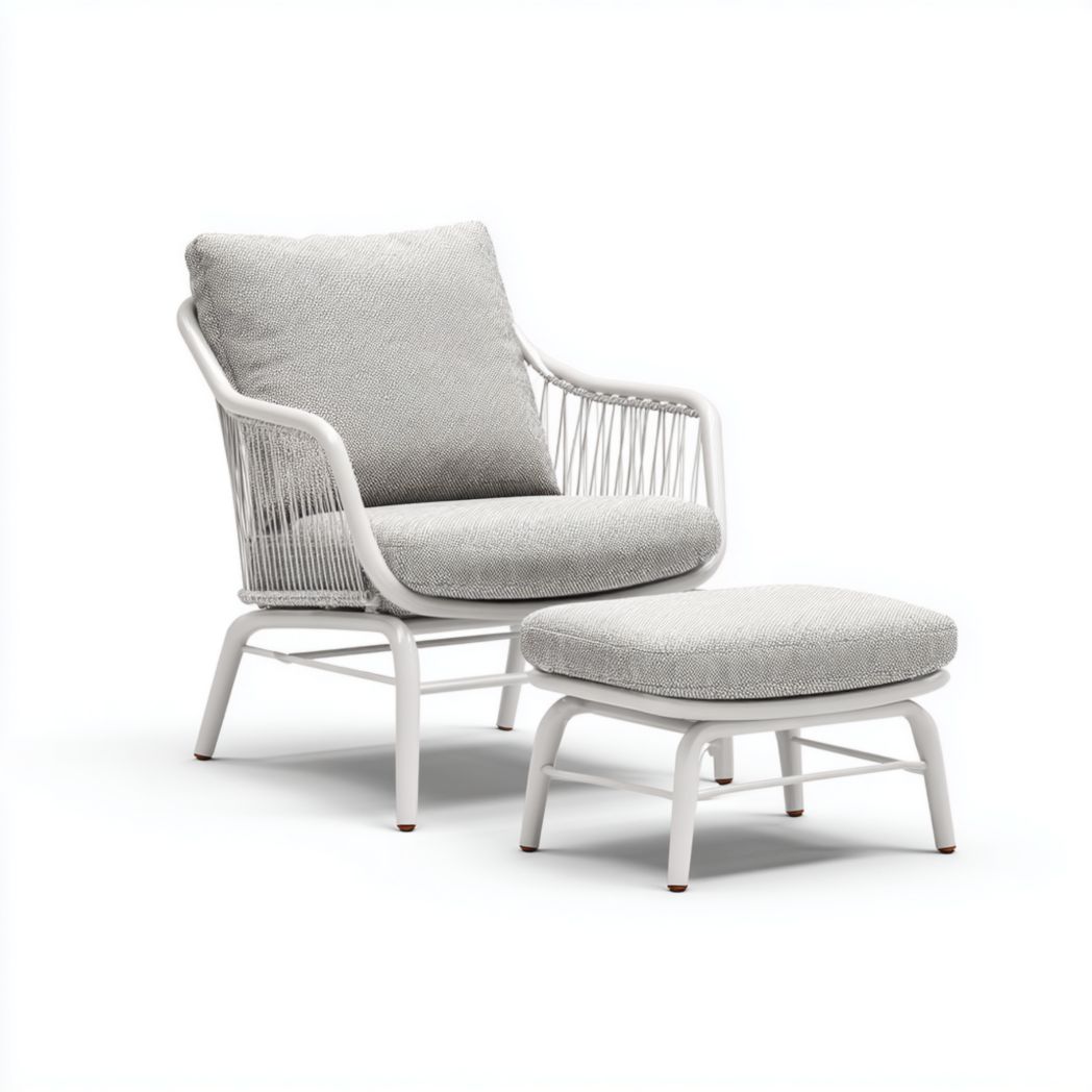 Fauteuil de détente en métal blanc avec coussins gris et repose-pieds