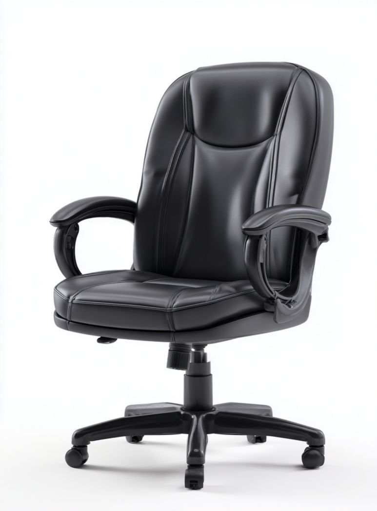 Chaise de bureau en cuir synthétique noir, accoudoirs courbés, base pivotante à cinq branches