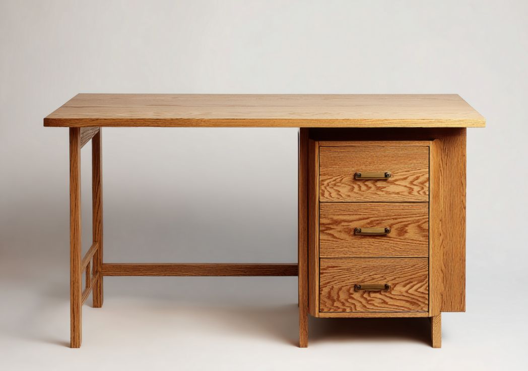 Bureau en bois couleur naturelle, plateau rectangulaire, trois tiroirs avec poignées métalliques