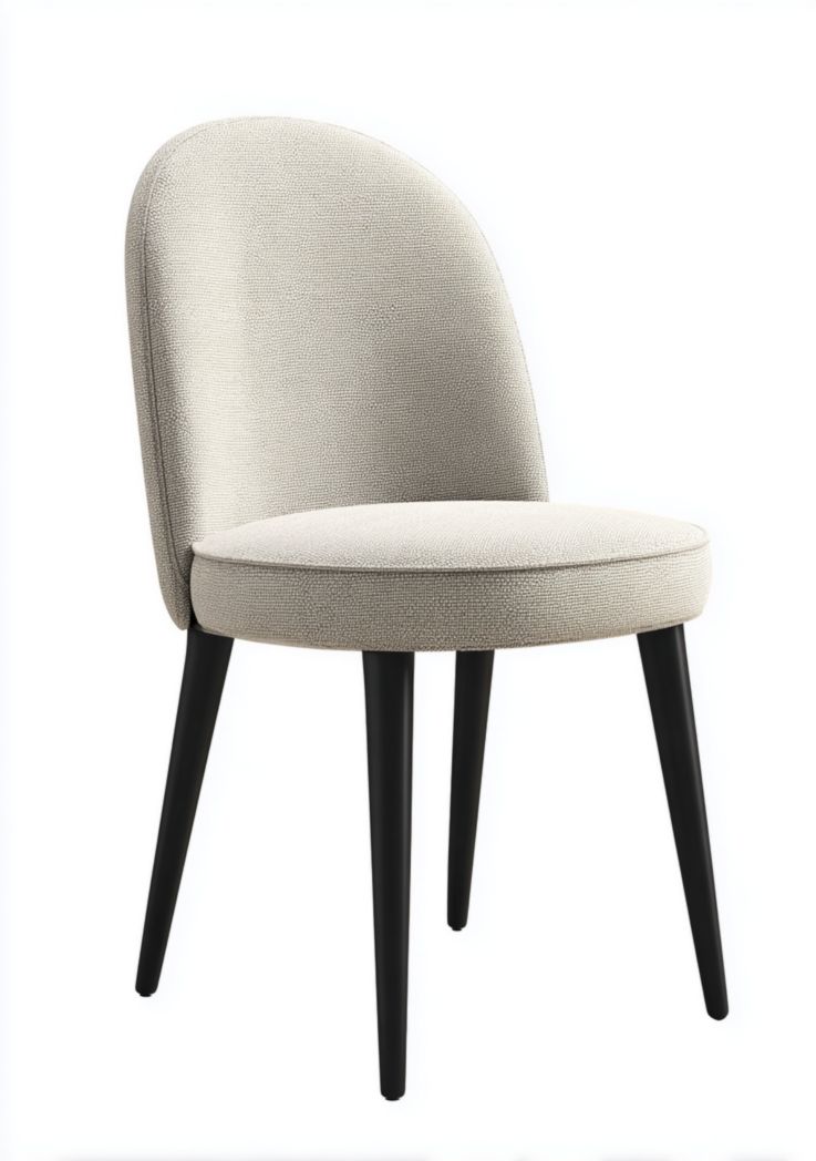 Chaise de salle à manger en tissu beige avec dossier arrondi, assise rembourrée et pieds en métal noir