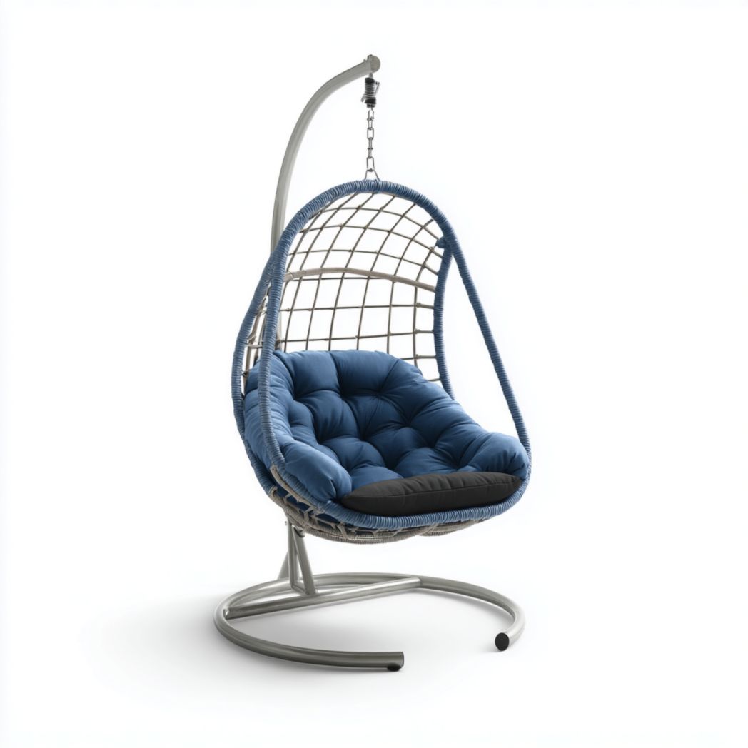 Fauteuil suspendu en métal gris avec panier en rotin et coussin bleu marine