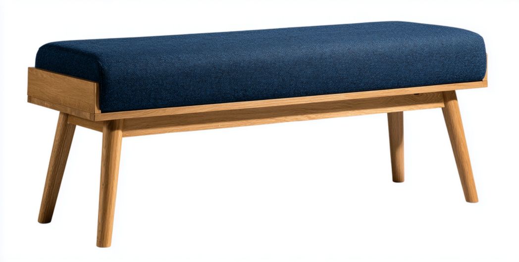 Banc rectangulaire en chêne avec assise rembourrée en tissu bleu foncé