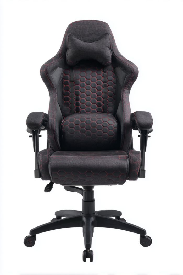 Chaise de bureau en tissu noir et gris, dossier haut avec appui-tête, coutures hexagonales et base à cinq branches